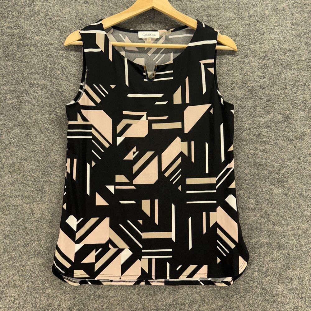 Calvin Klein Blouse Women S Small Black Geometric Sleeveless Wide Strap Casual